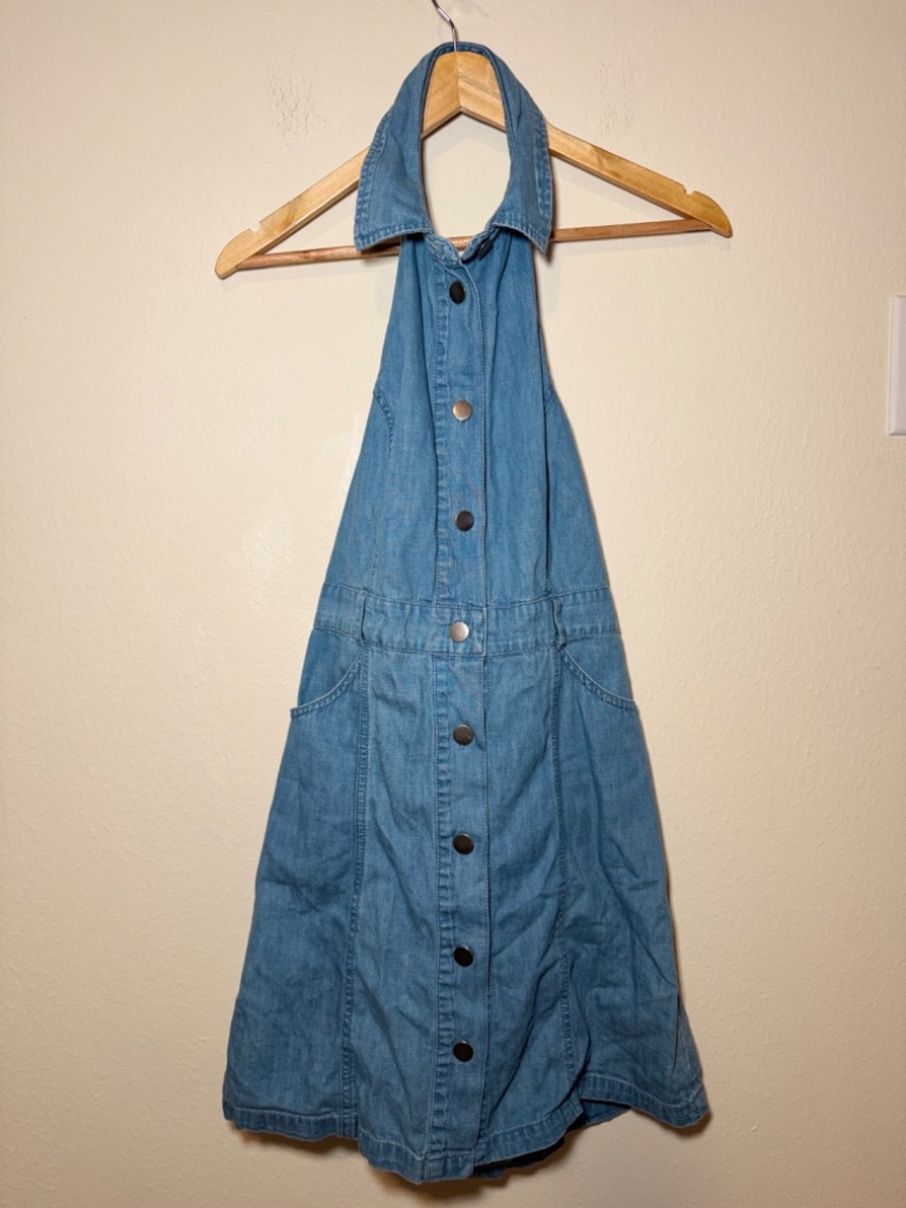 Free People Sami Mini Dress Medium Chambray Halter Button Front Cotton Blue - Picture 2 of 6